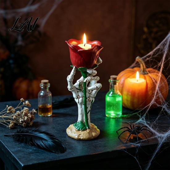 Skeleton Hand Candle Holder Halloween Rose Holder Gothic Resin Decorative Ornament Lifelike Decor for Home Table Decor Dark Style Romantic