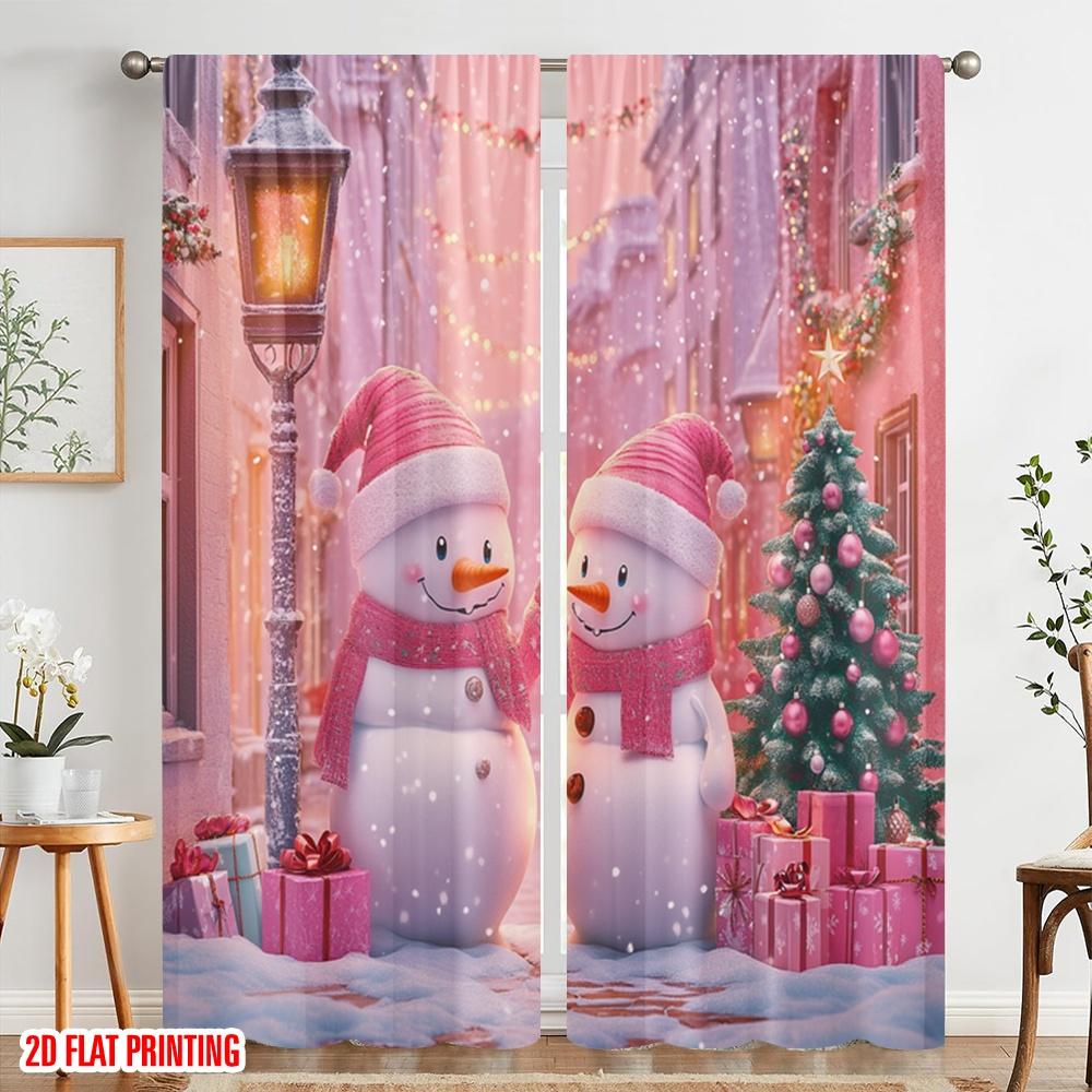 2pcs,2D plane printing Curtains Digital Printed Cute Snowmen Christmas Tree Gifts (2) Polyester Fabric (without rod) Festive for
