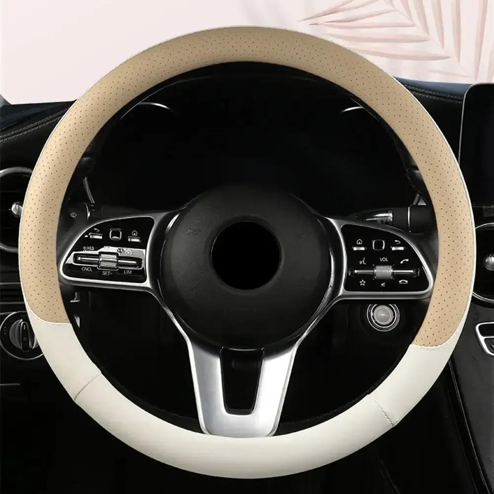 Perforated Nappa Leather Car Steering Wheel Cover Warm In Winter Cool In Summer Non-slip PU Leather Auto For 38cm Steering Wheel