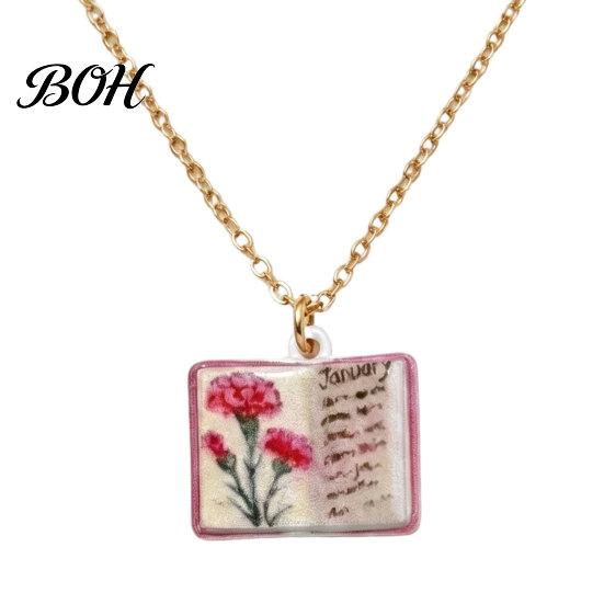 Minimalist Book Pendant Women Birth Flower Necklace, Floral January to Everyday Wear Necklace December Month Gift for Wife Girlfriend Unique