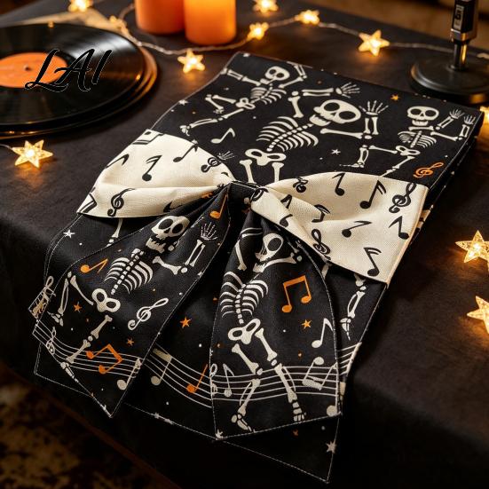 Holiday Themed Table Cover Halloween Runner with Bow Ghost Mushroom Pumpkin Skeleton Print Runner 13 Durable Polyester x 70 Inch Spooky Kitchen