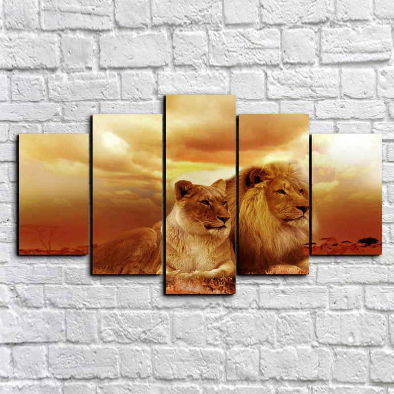 5 Panel Modular Wall Art Canvas Painting Animal Lions Sunset Landscape HD Printed Abstract Pictures Home Decor Poster