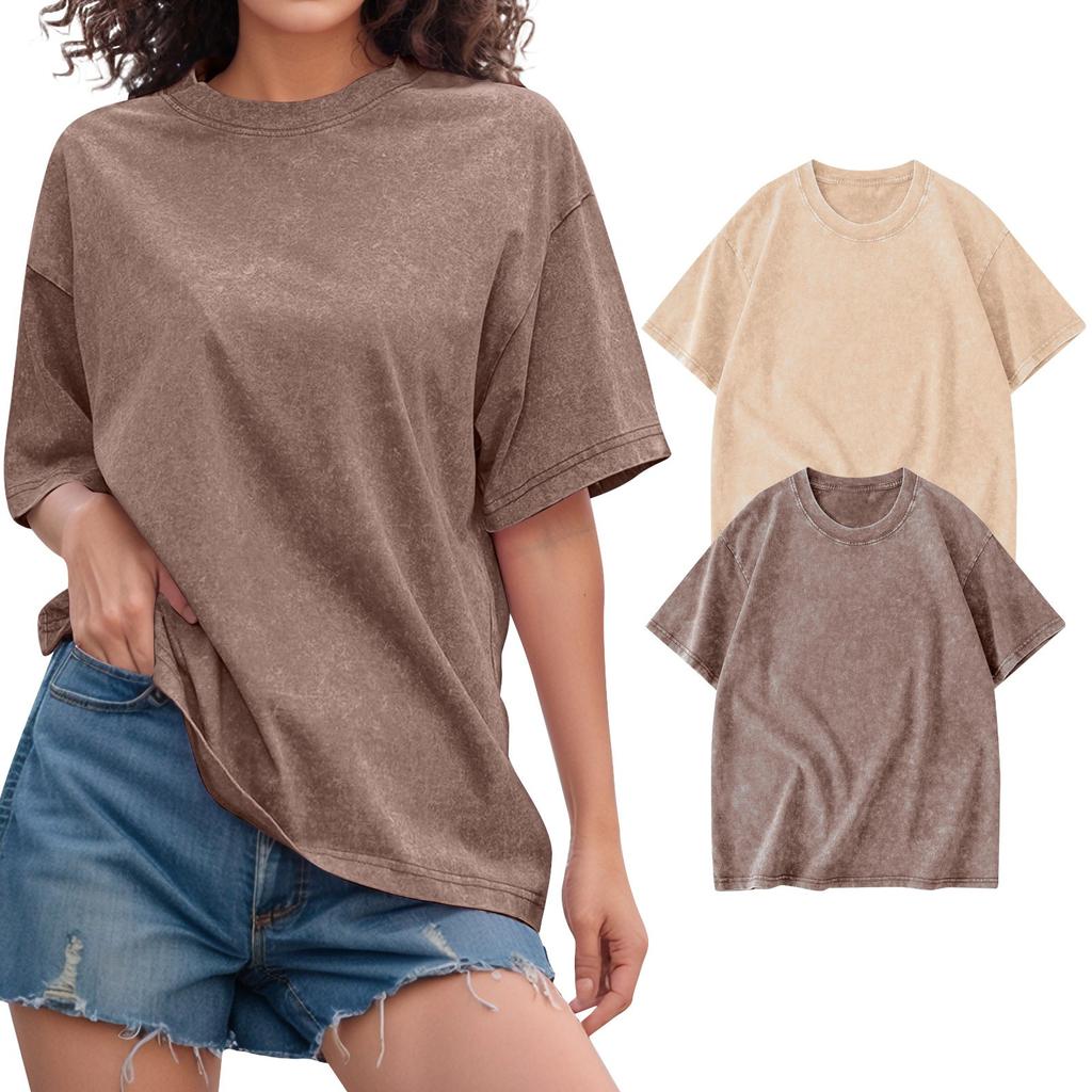 2PC Unisex T-shirt Casual Loose Solid Color Round Neck Pullover Short Sleeve T-shirt Top
