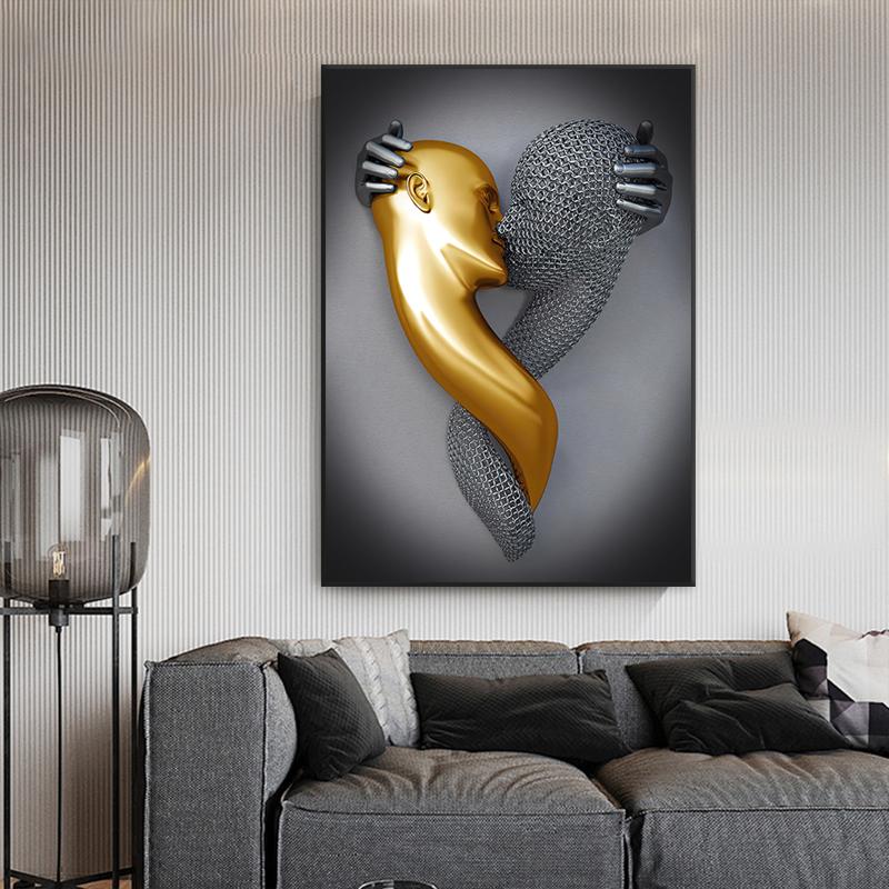Золотая и серебряная фигурка, статуя, картина на холсте, металлическая скульптура, печать на плакатах, романтические фотографии для влюбленных, современное настенное искусство, домашний декор