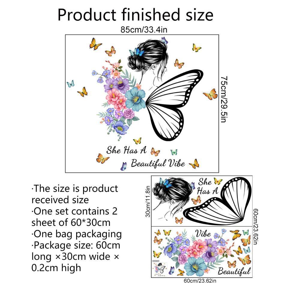2 Pcs Wall Sticker Butterfly English Slogan Girl Flower Wall Sticker Paper Living Room Decoration Self Adhesive