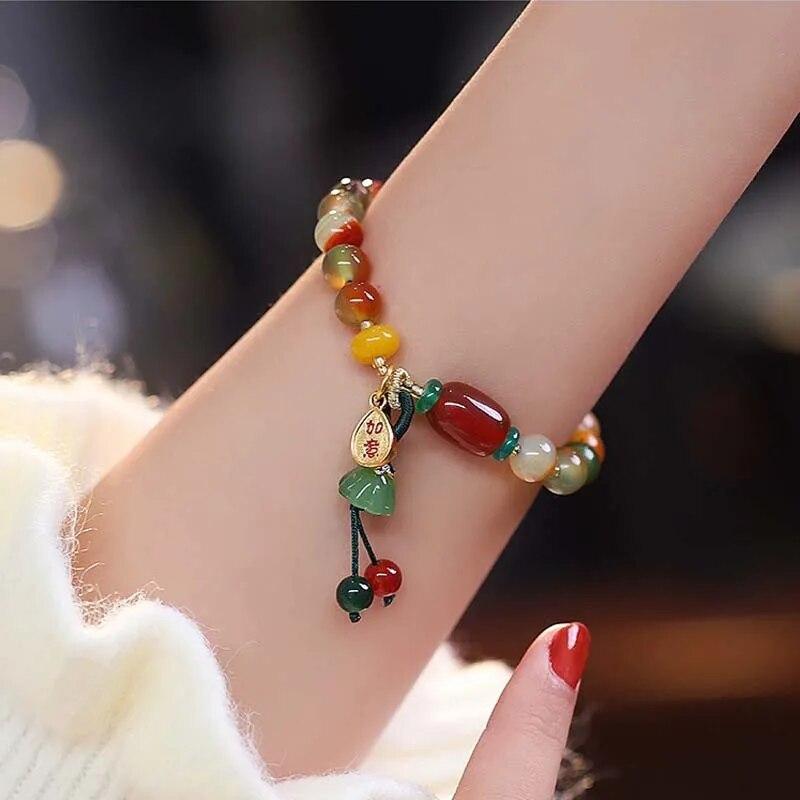 Chinese Style Colorful Beaded Bracelet For Women Vintage Natural Stone Ethnic Handmade Chain Hand Rope Bracelet Jewelry Gift