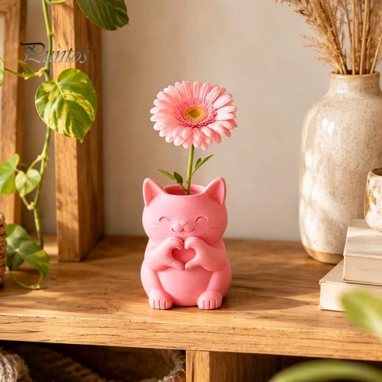 Подарки для любителей кошек 3D-печатная ваза, Милая улыбающаяся с сердцем?Держатель для цветов в виде жеста руки, Креативные подарки на новоселье, Настольный держатель в форме животного