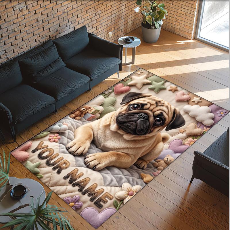 Pug Theme Crystal Velvet Floor Rug Personalized Custom Name Text Warm Carpet Home Decoration