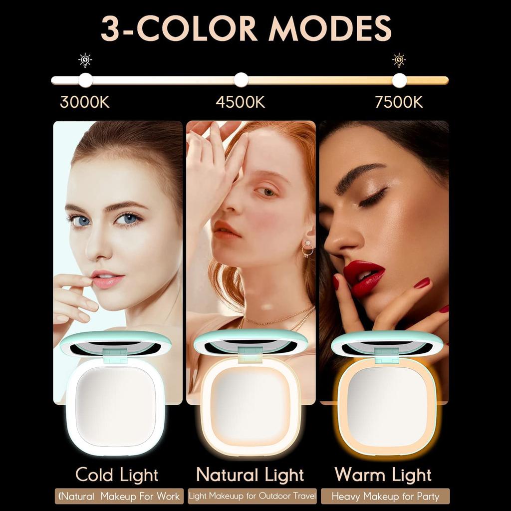 Компактное зеркало с подсветкой, дорожное зеркало для макияжа с 1X/5X увеличением, двухстороннее, 3 цвета, регулируемая яркость, портативное карманное зеркало для сумочки