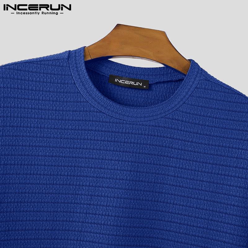 INCERUN Мужские топы с короткими рукавами и круглым вырезом, однотонные текстурированные футболки