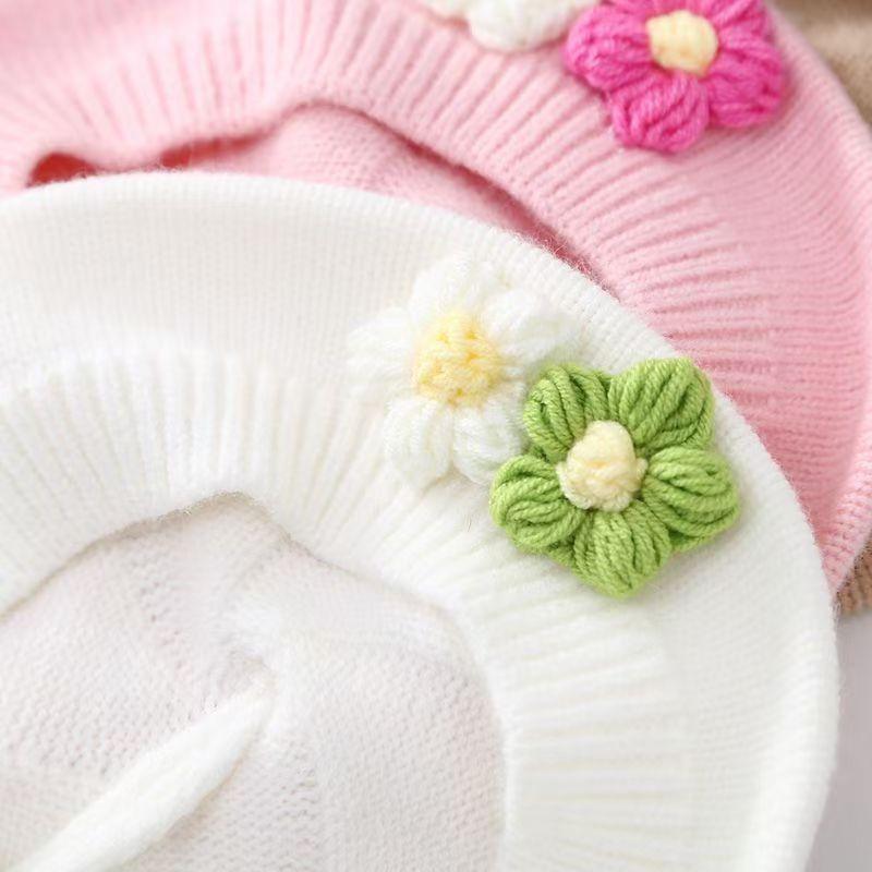 Цветочная детская шапка-берет, зимняя теплая вязаная шапочка для маленьких девочек, корейская принцесса, художник, однотонные шапки для художников