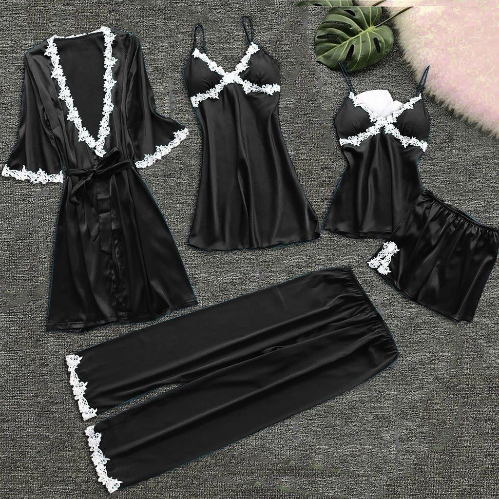 Женский комплект из 5 предметов, сексуальное нижнее белье с подвязками, халаты, кружевное боди, нижнее белье с глубоким V-образным вырезом