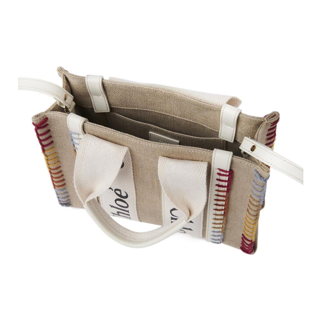 Chloe Woody Signature Logo Print Satin Ribbon Linen Canvas And Calfskin Tote Bag Women Tote Bags White CHC22-AS397H74-101