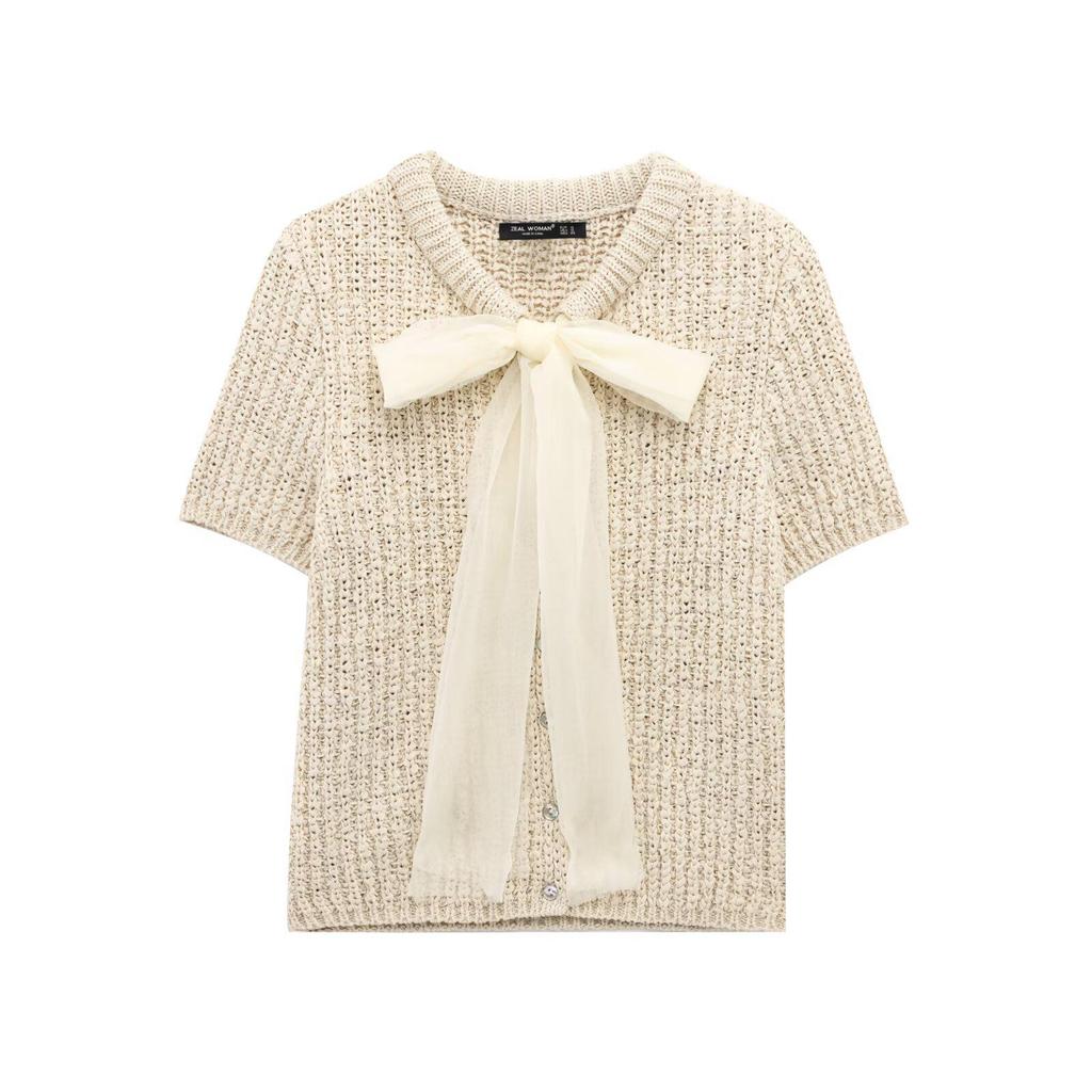 Spring 2025 Women's Fashion: European American Style Transparent Yarn Bow Brooch Cardigan