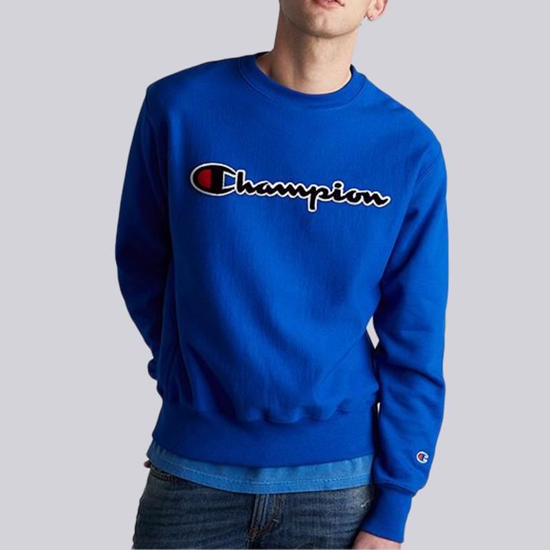 Champion Grass Letter Flock Fleece Lined Crew Neck Sweatshirt US Version Unisex Blue GF70-Y07470-5EC