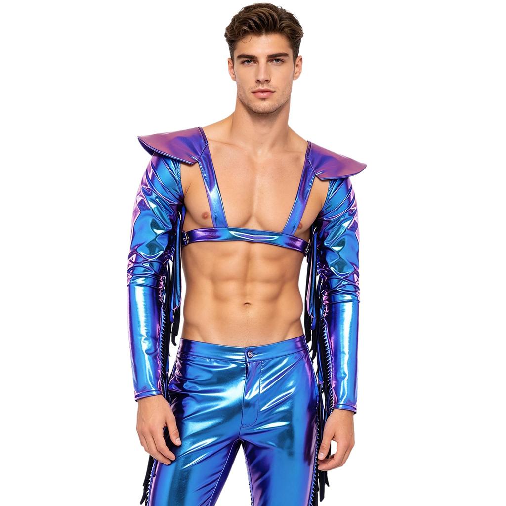 M-3XL Men Metallic Shiny Fringed Arm Sleeves Long Sleeve with Tassels Structured Epaulet Adjustable Chest Harness Club Party Crop Top