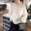 French Style Lace Trim Off Shoulder Knit Sweater Women Autumn Long Sleeve Loose Lazy Top