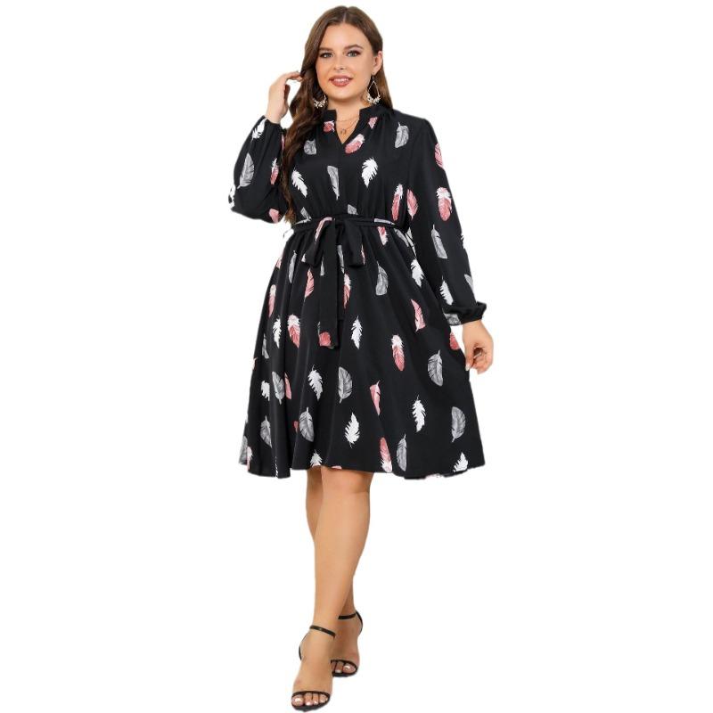 Женское платье больших размеров с V-образным вырезом и принтом на талии с длинными рукавами