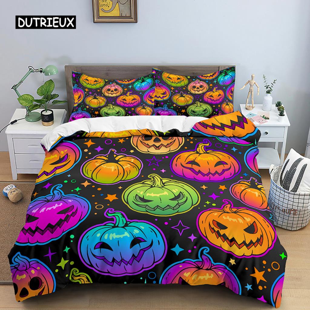 Неоновый цветной пододеяльник, комплект постельного белья King Rainbow Gradient Pumpkin, микрофибра, пододеяльник на Хэллоуин, двойной пододеяльник