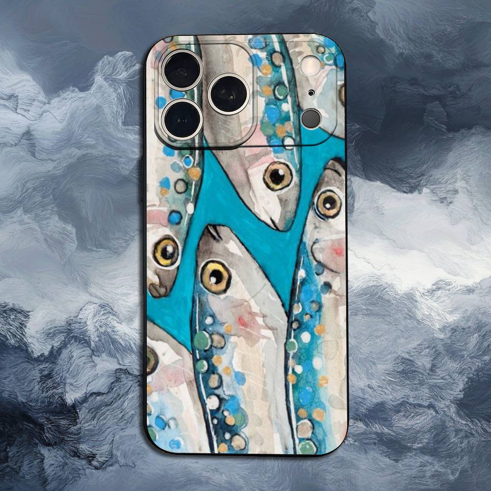 Чехол-кейс 'Сардины Океан' для iPhone 11,12,15,14,13,16,17,Plus,Pro Max,XS,X,XR,SE,Mini,8,7,Мягкий Силикон Черный