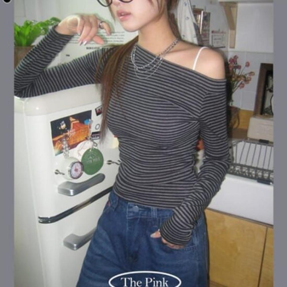 The Pink Slim FiT STripe One Shoulder Long Sleeve T shirT