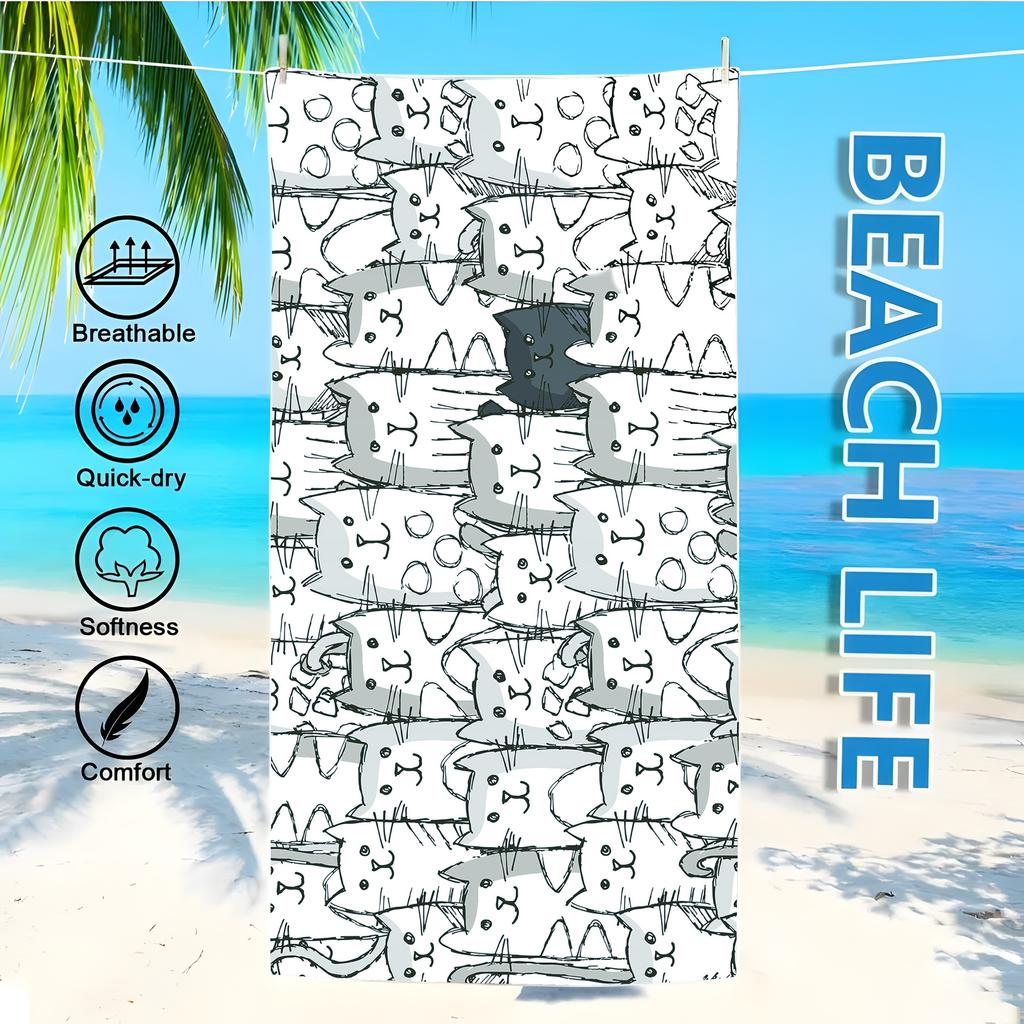 Sports Beach Towel Cat Pattern Quick Dry Towel Swimming Anti Sand Beach Towel for Swimming, Surfing and Outdoor Activities