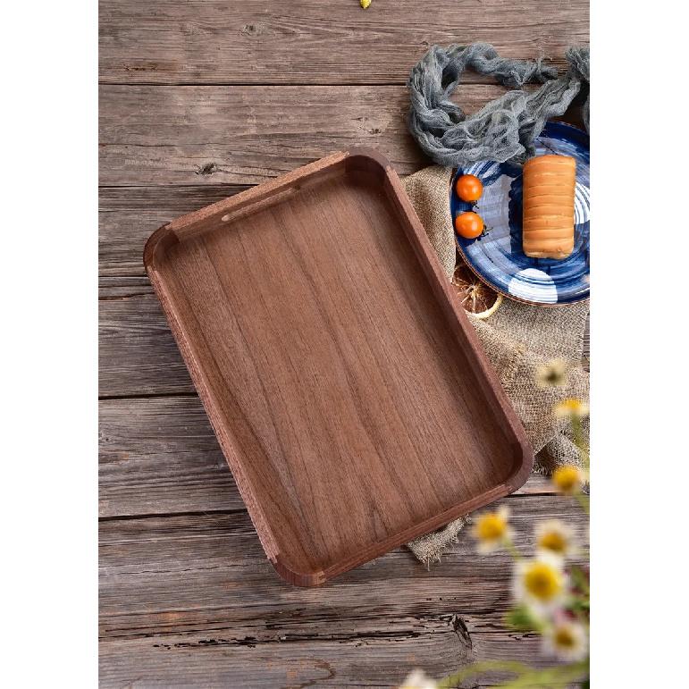 HeMu Rectangular Walnut Wood Serving Tray with Handles - Handcrafted Solid Wood Platter for Breakfast, Coffee & Kitchen Storage