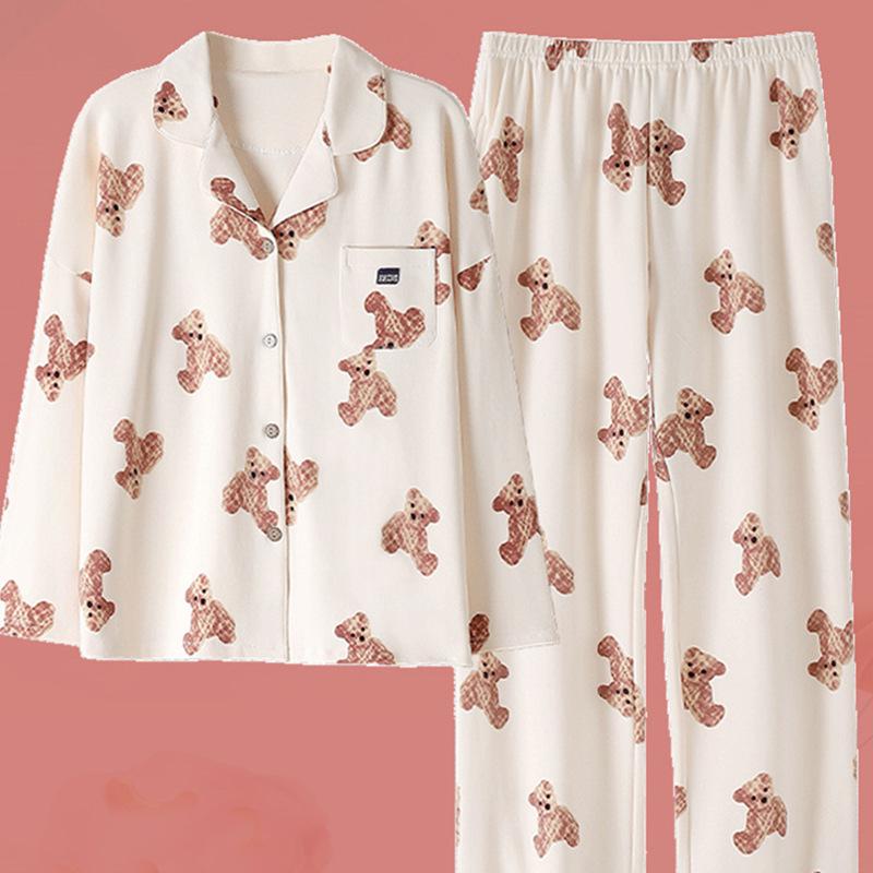 Women's Loose Pajama Pants with Cartoon Bear Print for Spring and Autumn, Wearable Outdoors, Home Leisure Straight Pants