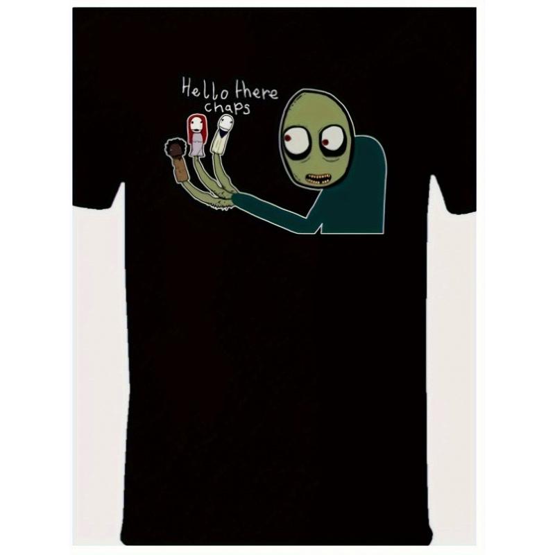 Men'S Funny Salad Fingers Graphic T-Shirt - Stretch Retro Cartoon Design with "Hello There Chaps" Text & Salad Fingers Character, Loose Fit Short