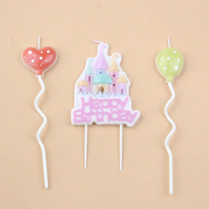 New Children's Birthday Baking Cake Decoration Cute Cartoon Castle Shape Pink Blue Balloon Candle