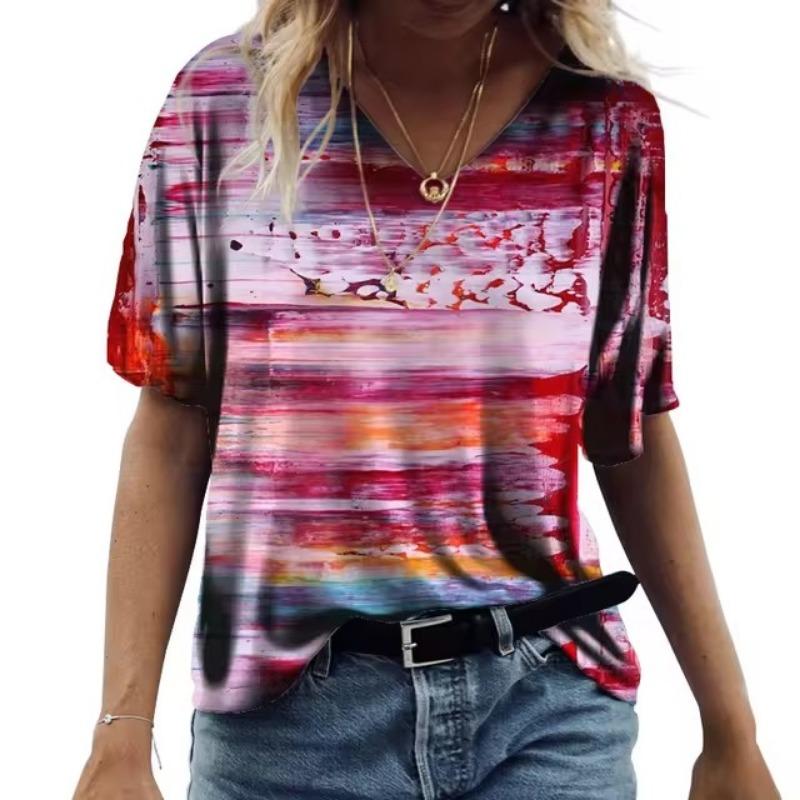 Летняя художественная роспись Tie Dye 3D принт женская мода красочная футболка с коротким рукавом V-образный вырез футболки уличная одежда сексуальные женские футболки топы