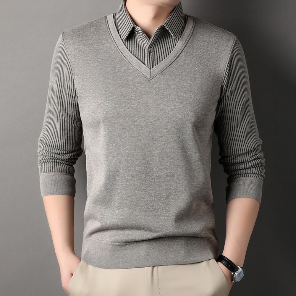 Men Sweater Fake Two-piece Shirt And Sweater Slicing Formal Business Style Turn-down Collar Long Sleeves Striped Office Autumn S