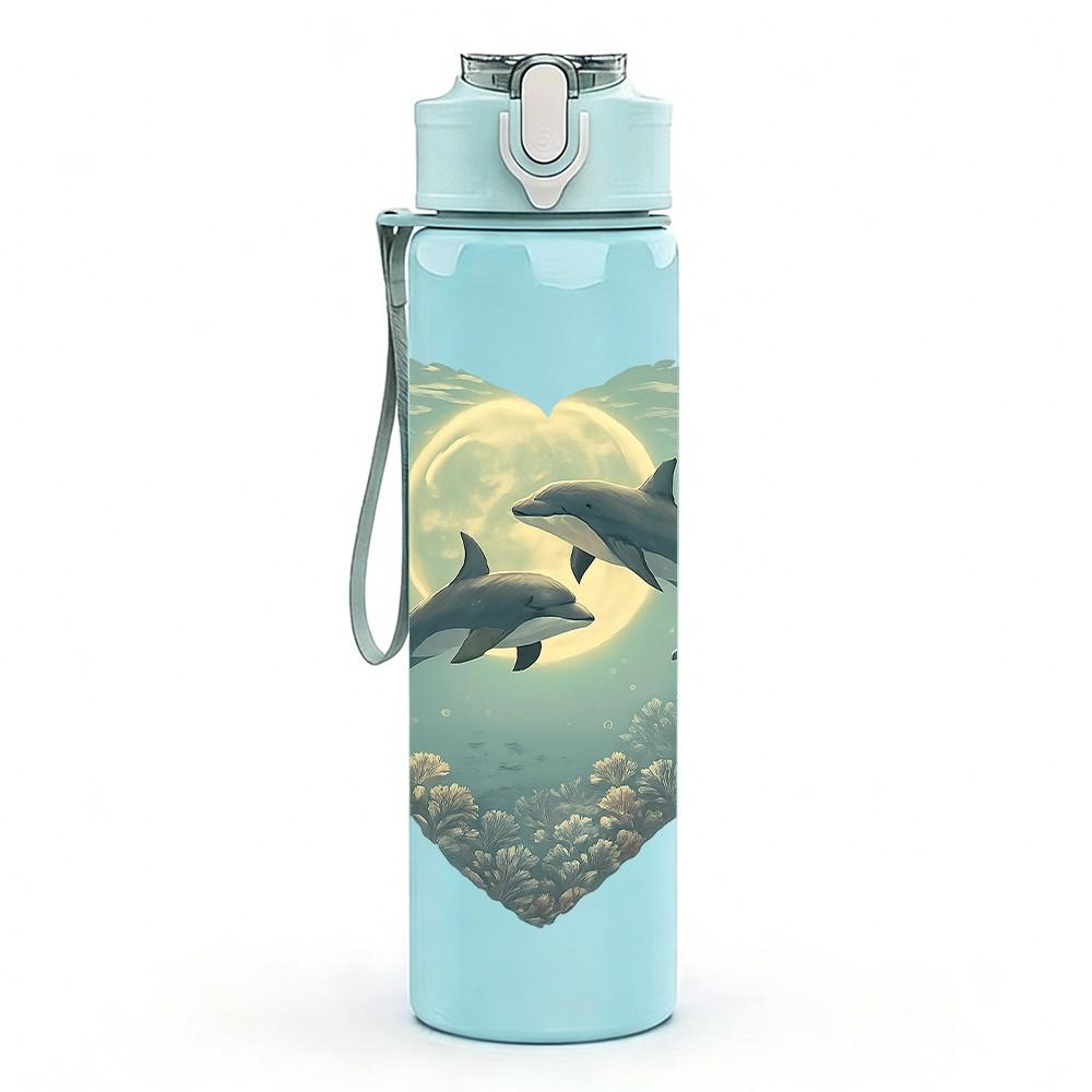 1PC Heart Dolphin Ocean Night Art 750ml Color Plastic Sports Water Bottle Leakproof Flip Straw Lid Suitable for Sports Office Home Use