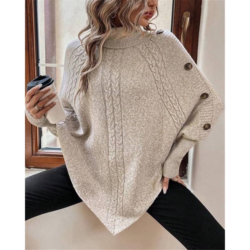 Осень Зима Женский Свитер с Переплетением Водолазка Пуговицы Рукав Летучая Мышь Чувство Дизайна Уличная Одежда Пуловер Женский Топ с Индивидуальностью