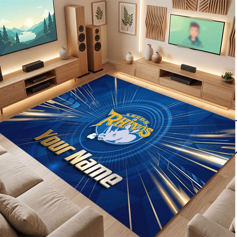 Leeds Rhinos Personalized Crystal Velvet Carpet, Customized Name Text Soft Anti‑Slip Rug for Living Room Bedroom