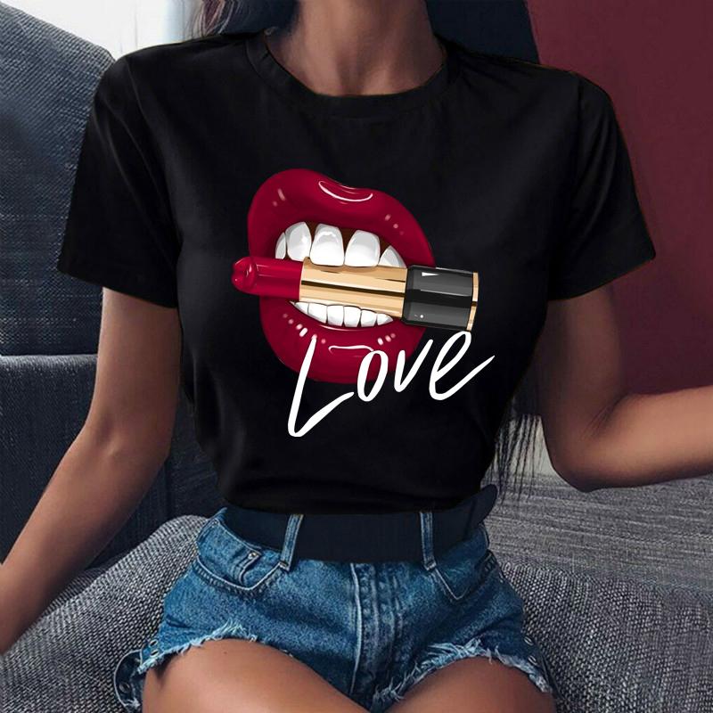 Новая женская футболка с акварельными губами в стиле 90-х Ulzzang для девочек, черные футболки, топы, забавные футболки с поцелуем и шепотом для девочек, одежда