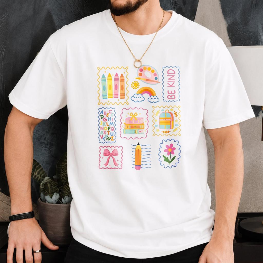 Be Kind School Supply Patchwork Tee, Pastel Crayon Bow Rainbow Top,Positive Classroom Kid Cotton Shirt,Back To School Teacher Casual Apparel