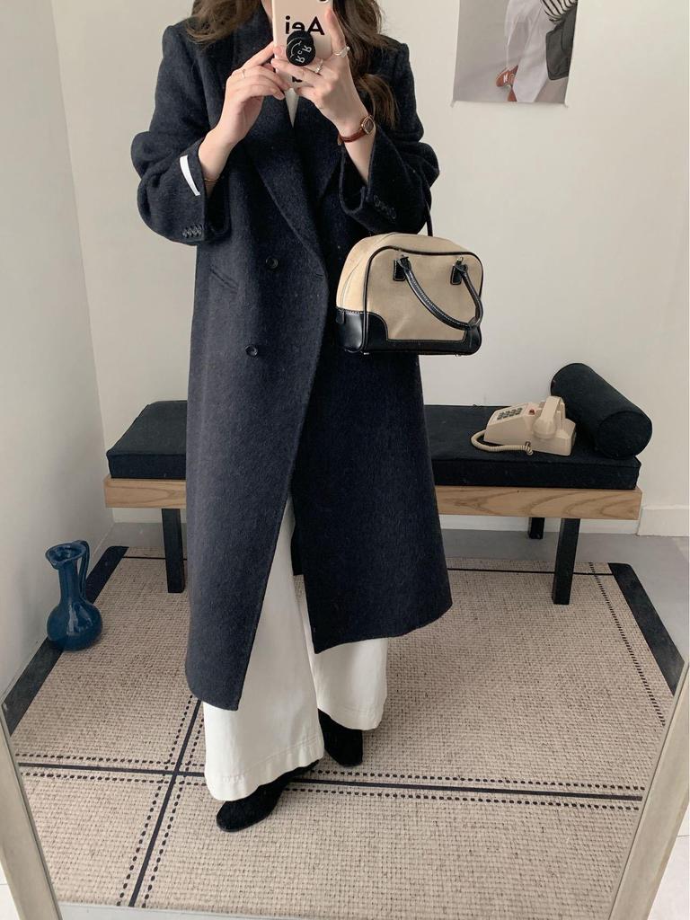 Женское городское пальто из шерсти в корейском стиле - Длинное, с прямыми плечами и лацканами пиджачного типа