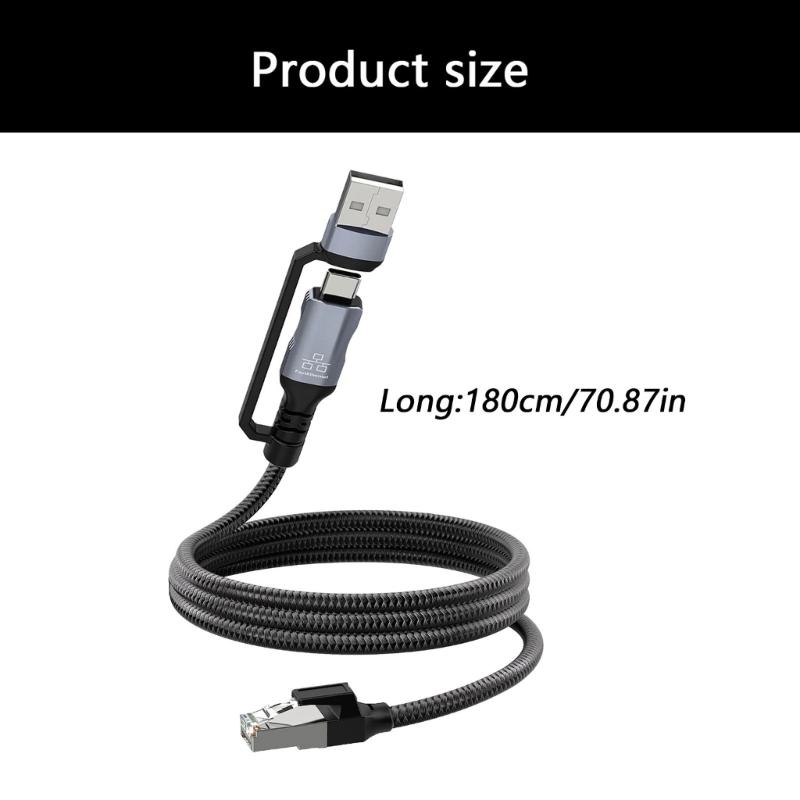 1.8m Long USB C to RJ45 Gigabit Ethernet Cable Braided Fast Speed Corded Internet Cord for Laptops Tablets