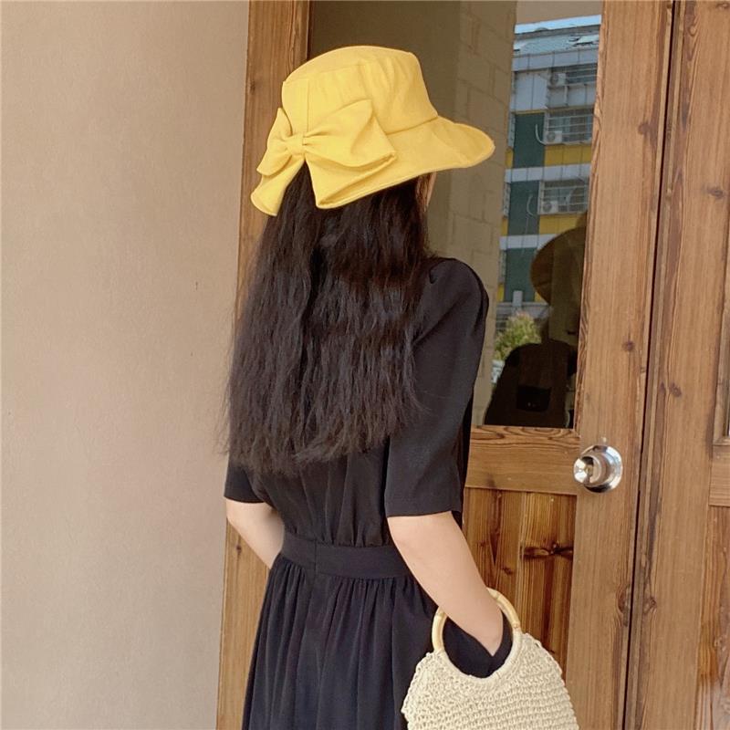 Bow Hat Big Brimmed Hat Solid Color Female Fisherman Hat Hepburn Style Sunscreen Sun Hat