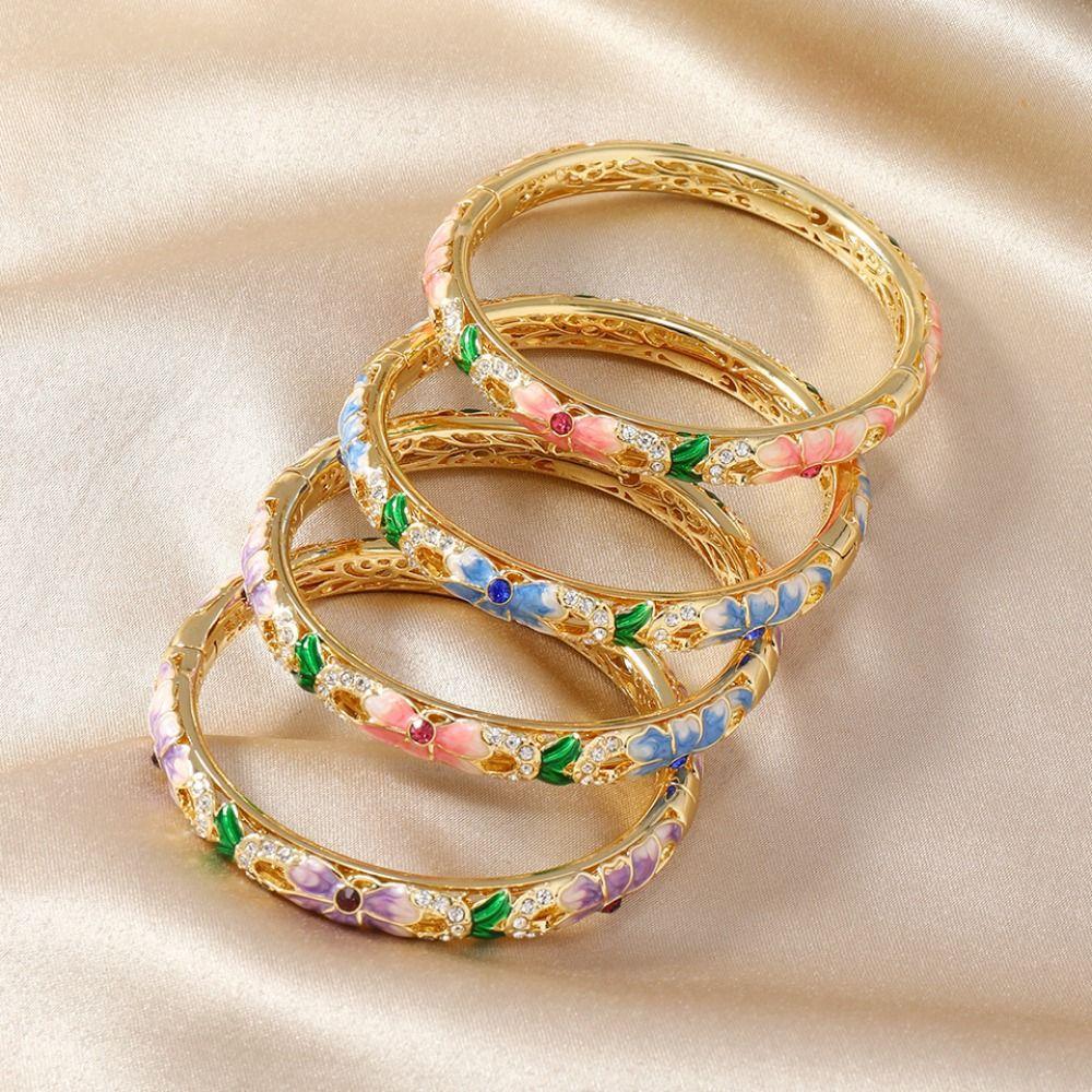 Traditional Hollow Out Flower Bangle Enamel Women's Hand Bracelet Chinese Cloisonne Bracelet Girls