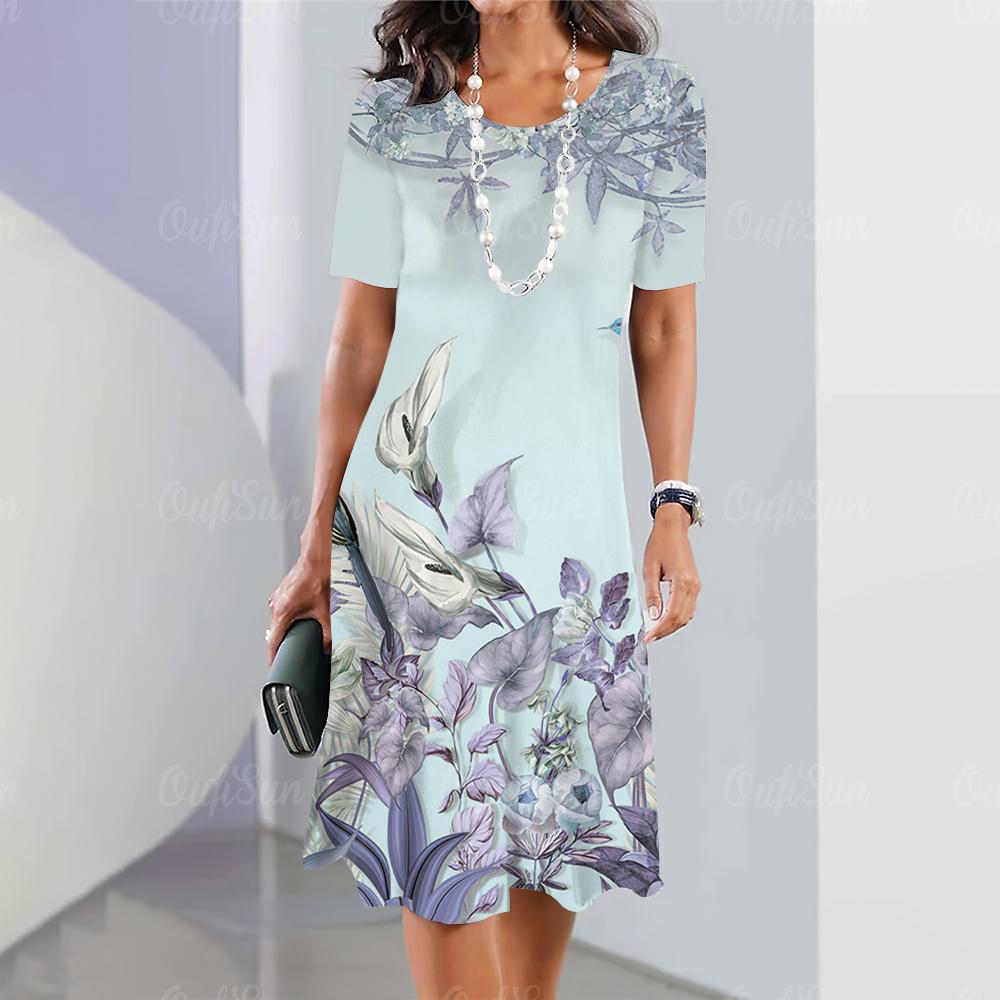 Летние женские платья с 3D-принтом в виде цветов с коротким рукавом, элегантная свободная юбка А-силуэта, модное женское платье большого размера