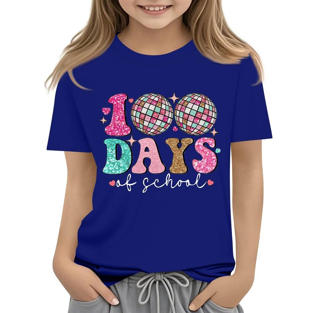 Happy 100th Day Of School Girls Boys Short Sleeve T Shirts Kids Tops Crewneck Tees