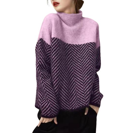 Women Sweater Half High Collar Long Sleeve Color-Blocked Loose Fit Knitting Top Autumn Winter Thick Warm Pullover Tops