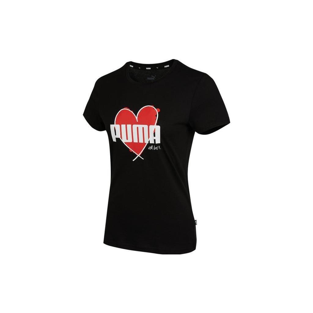 Puma Футболка с коротким рукавом и круглым вырезом в стиле американского винтажного принта с логотипом и сердцем, женские топы, цвет черный 845596-01