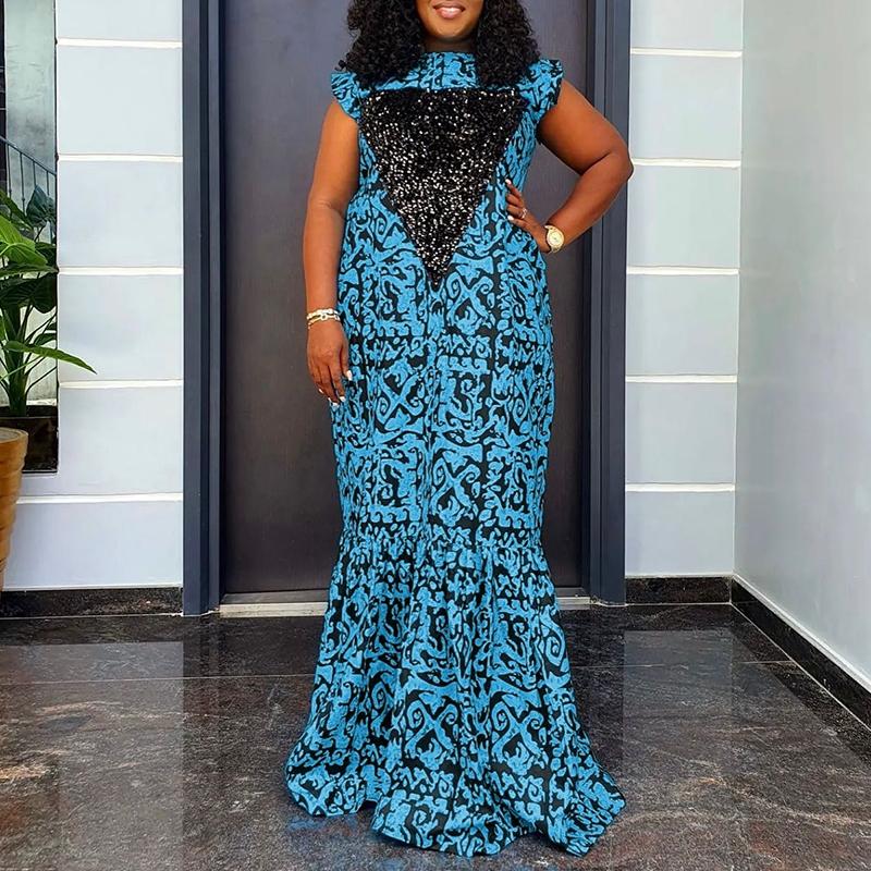 Plus Size Women Round Neck Sleeveless Print Fishtail Ruffled Plus Size Dresses