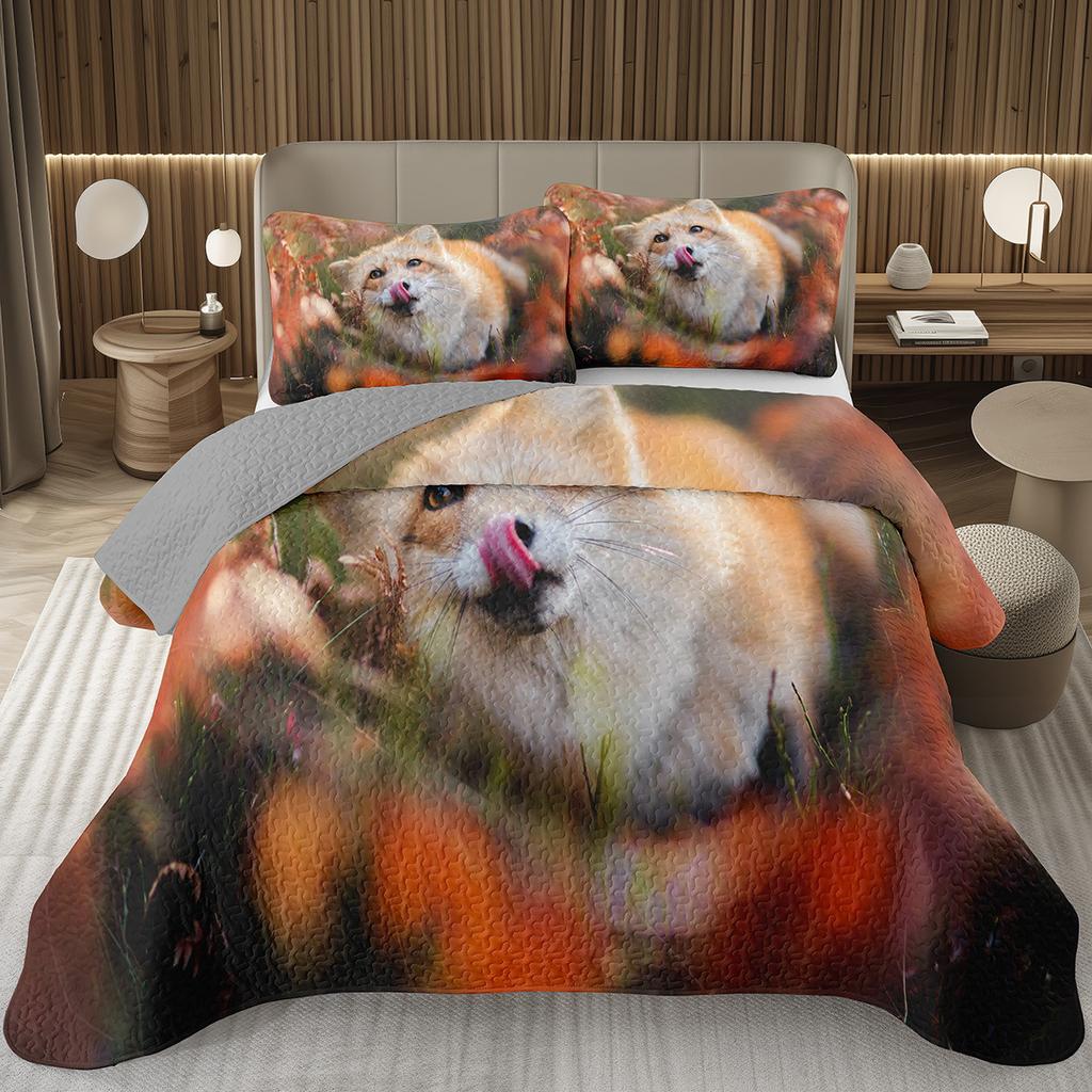 Кавайный комплект покрывала 2/3 предмета с лисой, лесное животное, двустороннее стеганое покрывало, природа, лесной, лисы, стеганое покрывало для спальни девочки-подростка