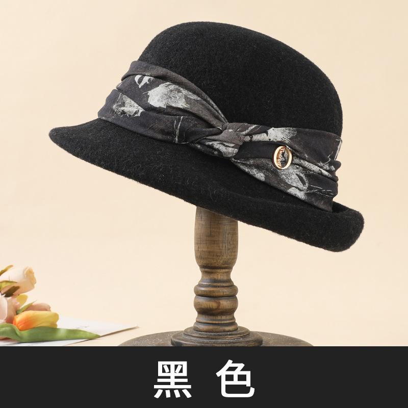 Wool Hat Women's Autumn and Winter Versatile Basin Hat Wool Blended Retro Elegant Top Hat Rolled Brim Bucket Hat