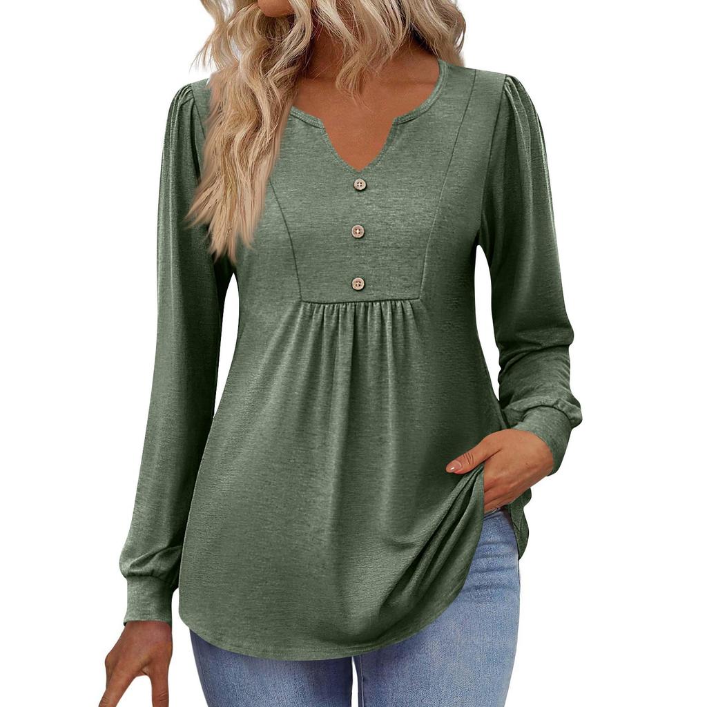 Women's Fashionable Casual V-neck Blouse Button Long-sleeved Pullover T-shirt Top