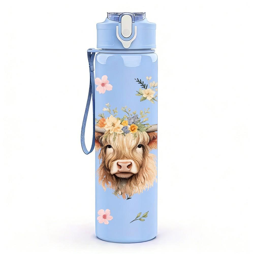 1PC Highland Cow Flower Wreath Print 750ml Color Plastic Sports Water Bottle Leakproof Flip Straw Lid Suitable for Sports Office Home Use